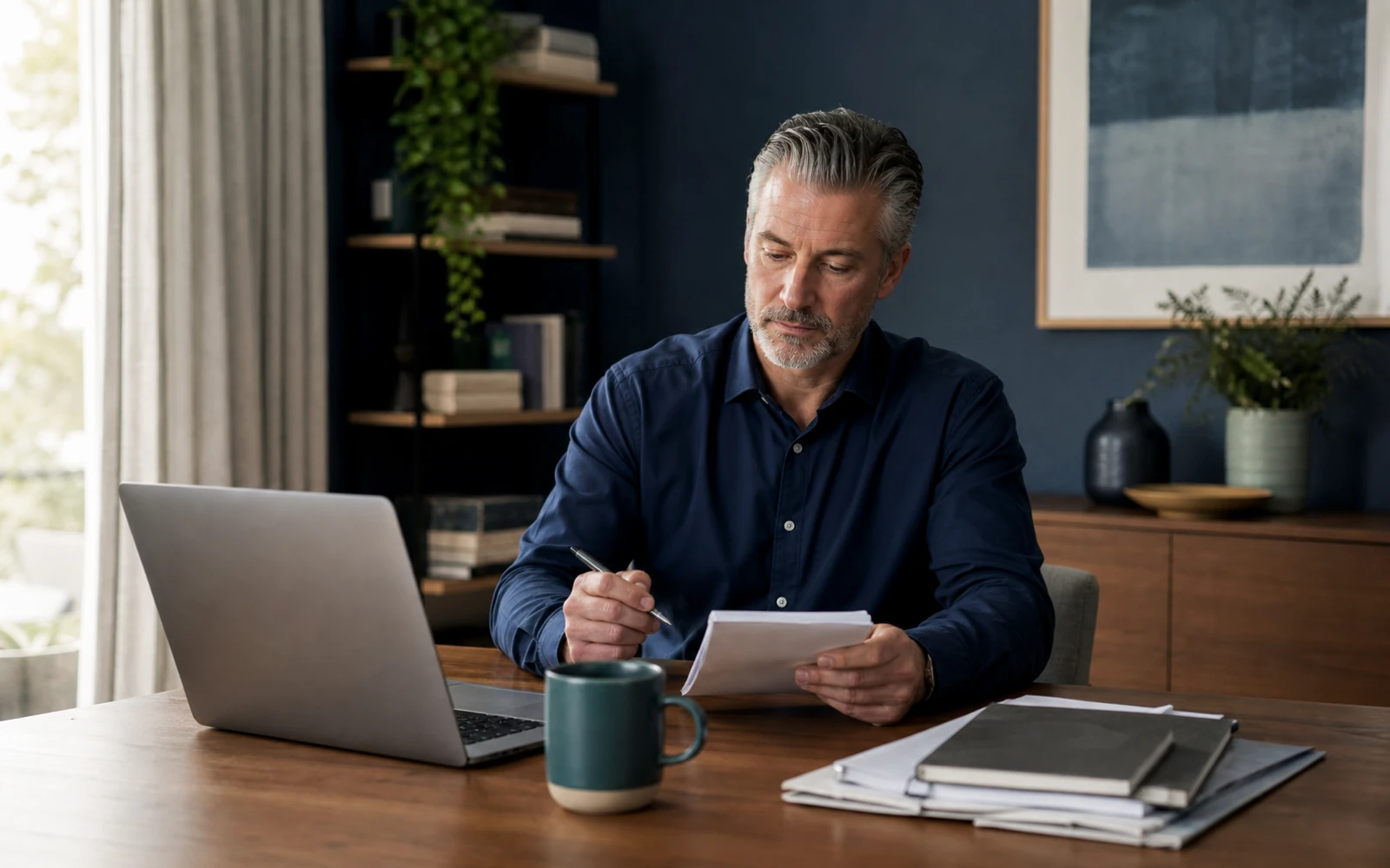 Professional reviewing background-check information in a private office