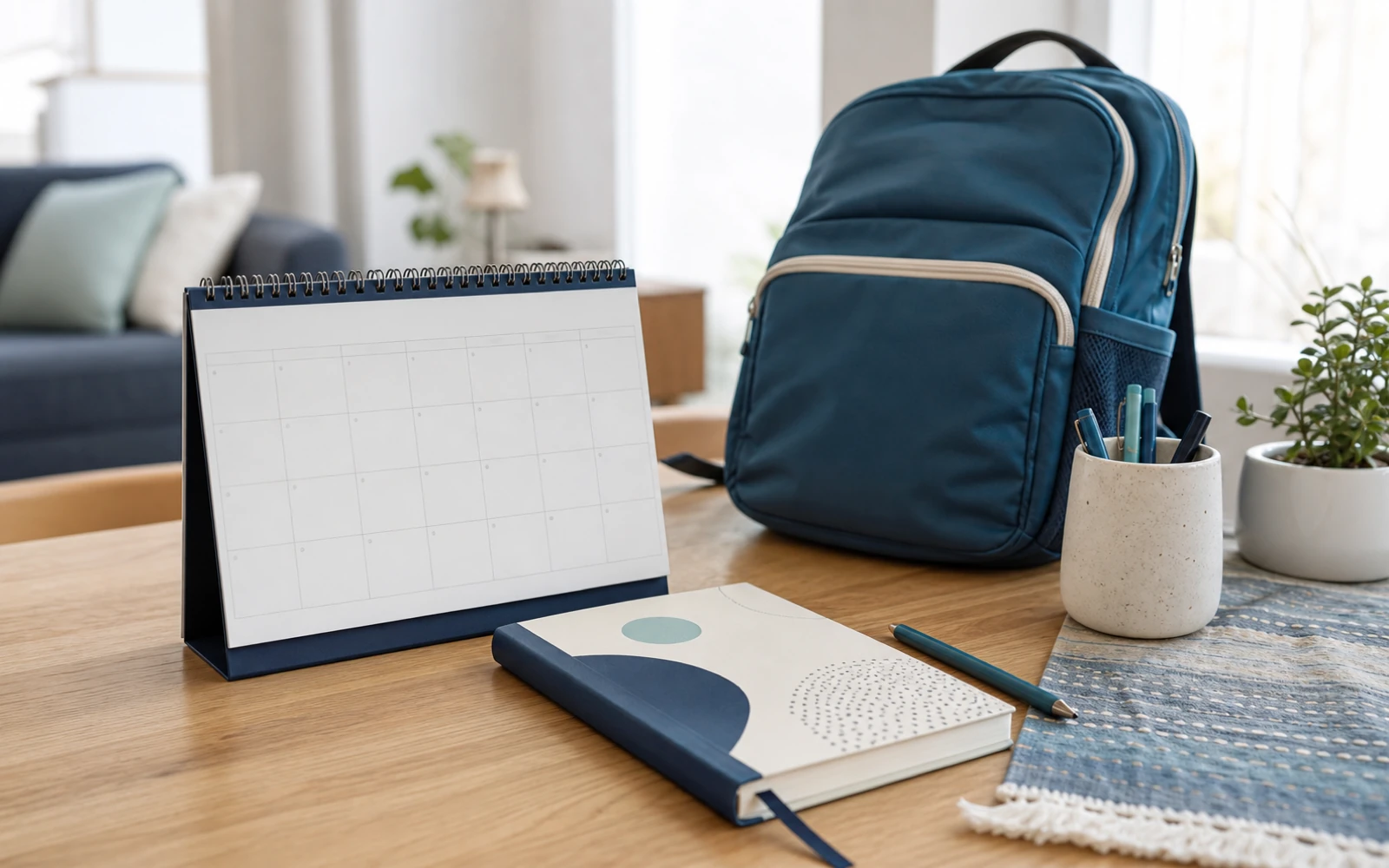 Parenting calendar and child's backpack in a calm family home