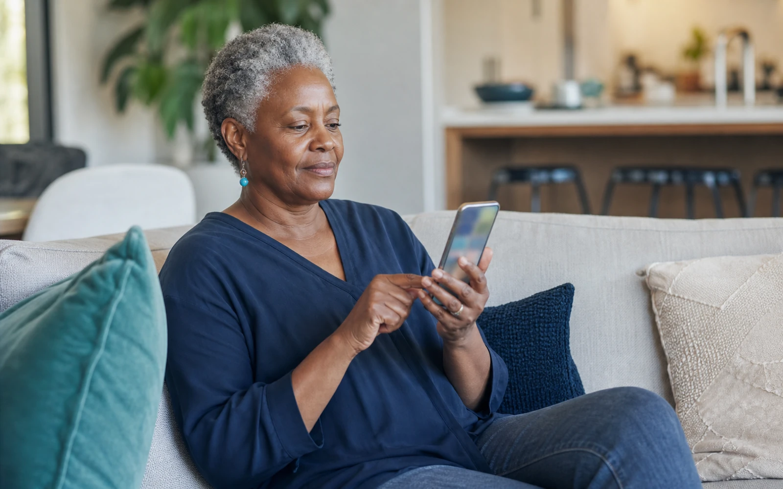 Woman reviewing an online dating profile safely at home